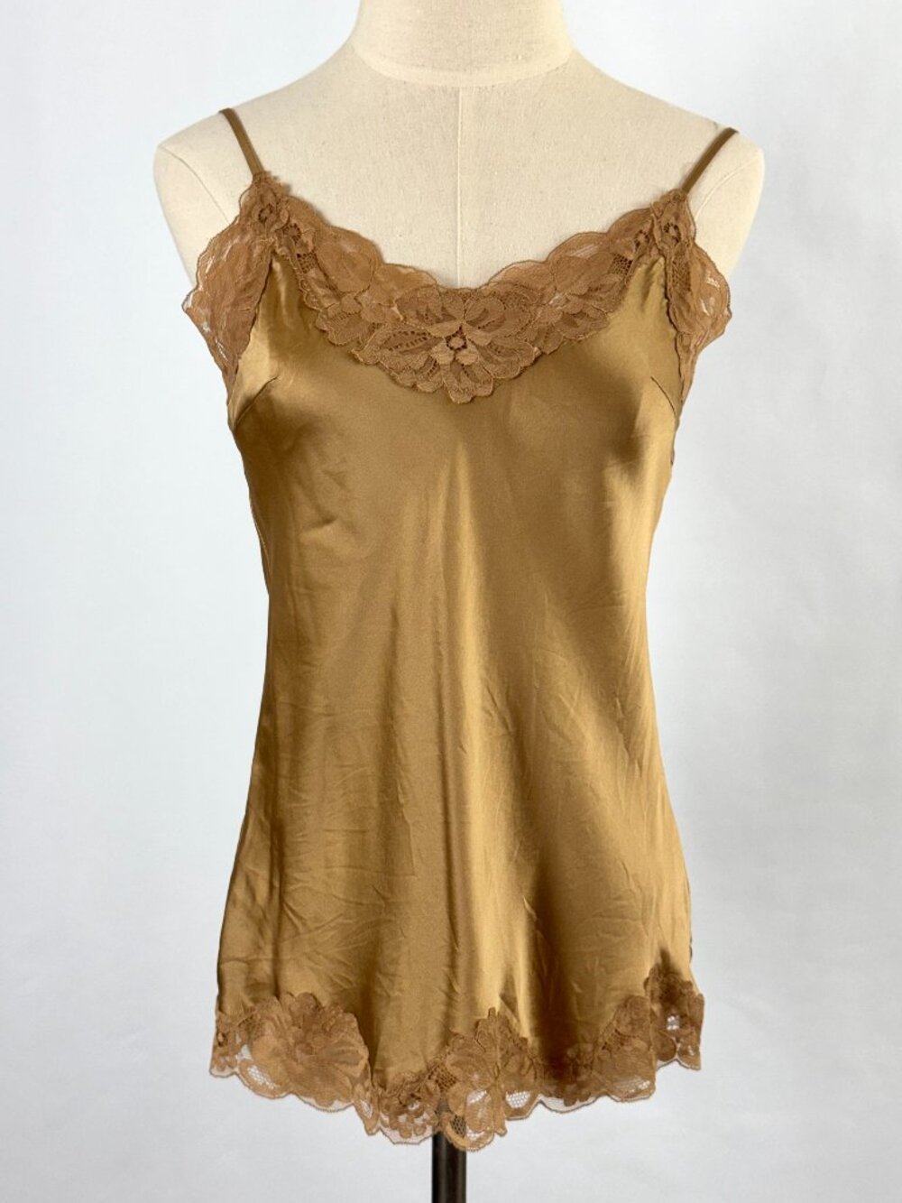 Vtg Gold Hawk 100% Silk Cami Lace Trim Tank Top Golden Caramel Brown Camisole